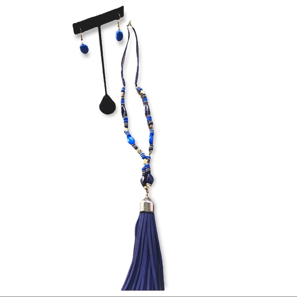 Vintage Jewelry Vintage Nwot Blue Tassel Necklace Earrings Set